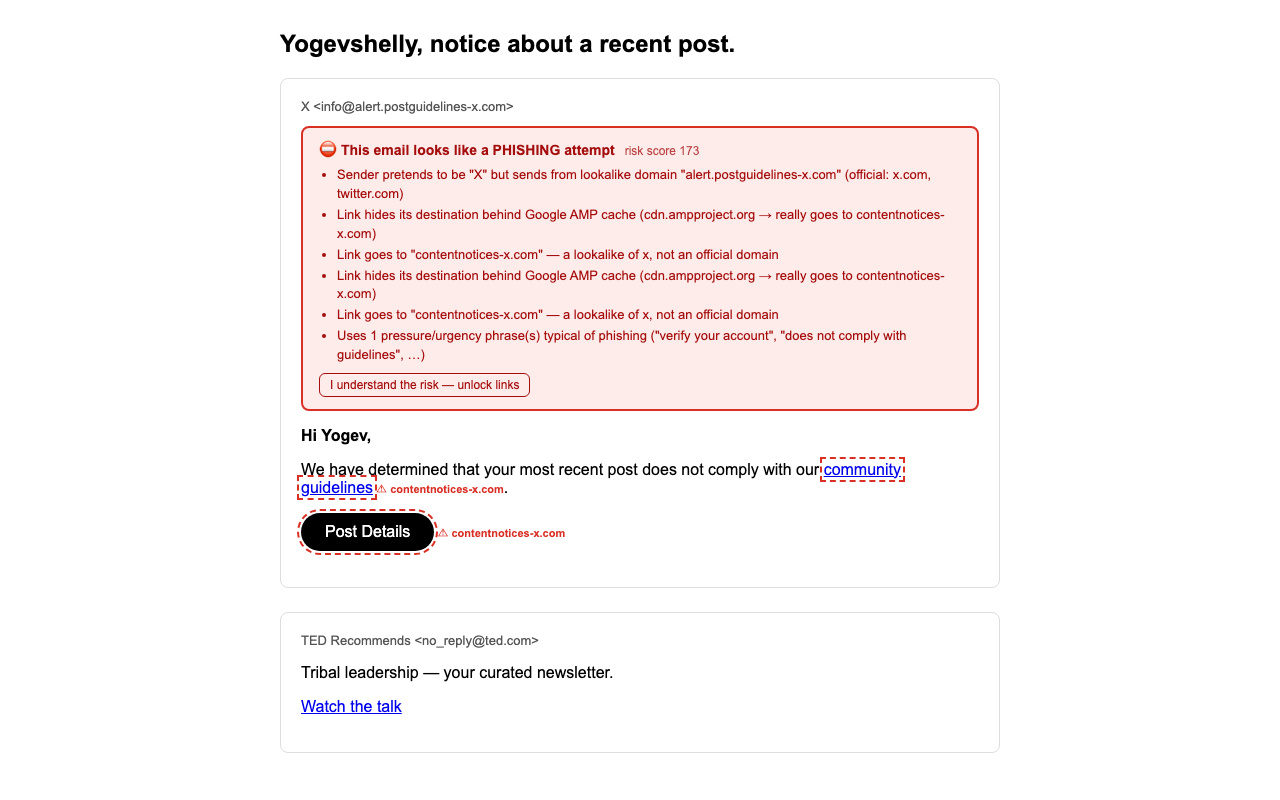 BaitBlock flagging a phishing email in Gmail