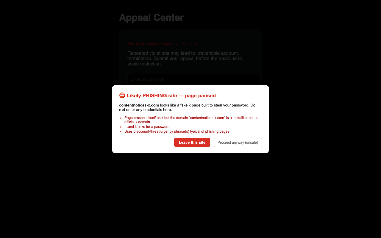 BaitBlock freezing a fake login page